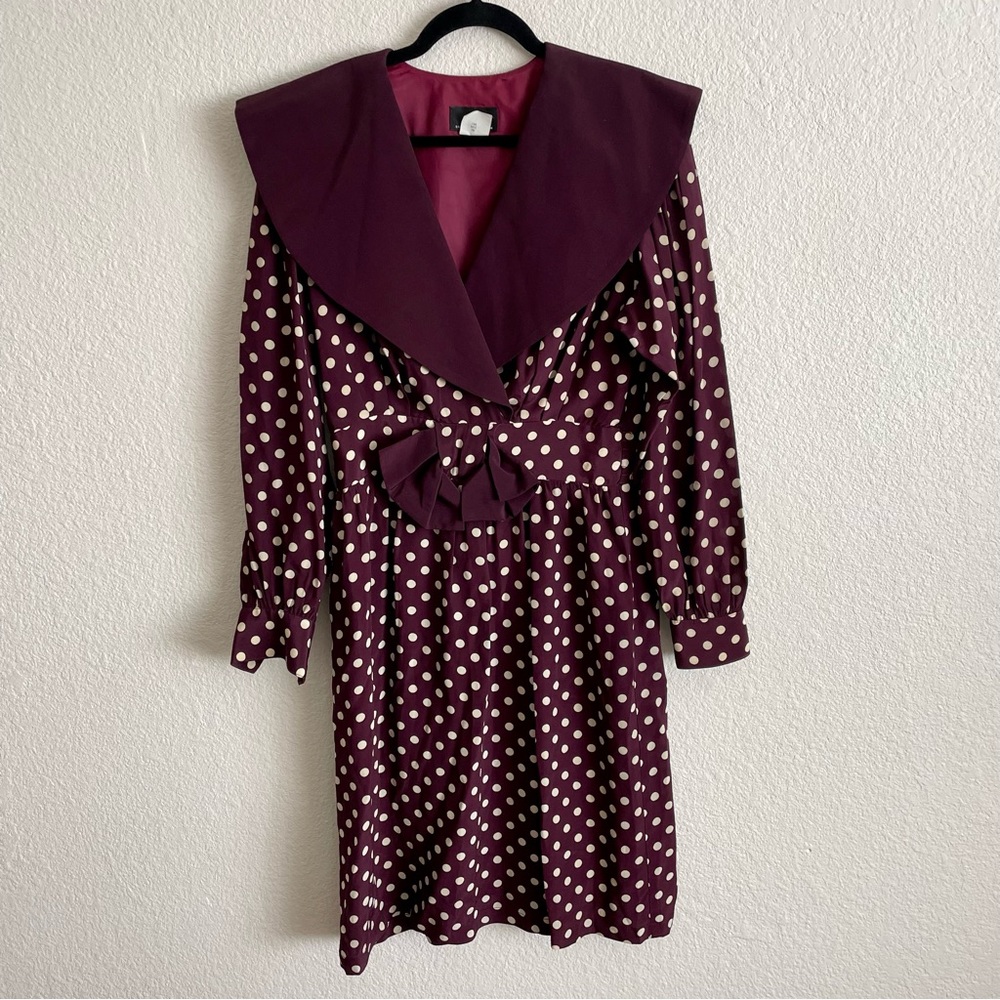 Vintage ABS Plum Purple Polka Dots Bow Women’s Rayon Midi Dress